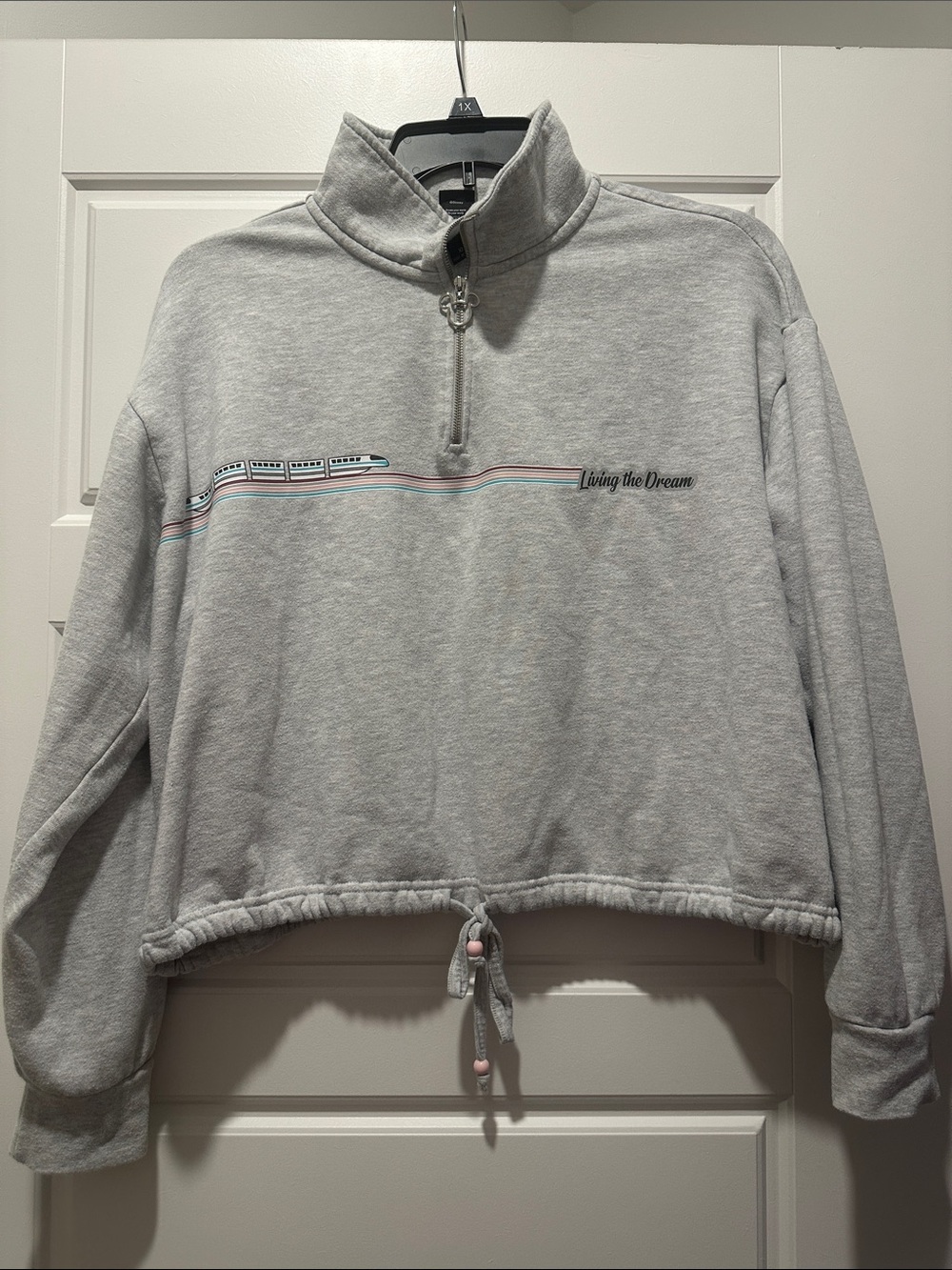 Disney Light Gray Cropped Cowl Sweatshirt with Subtle Stripe